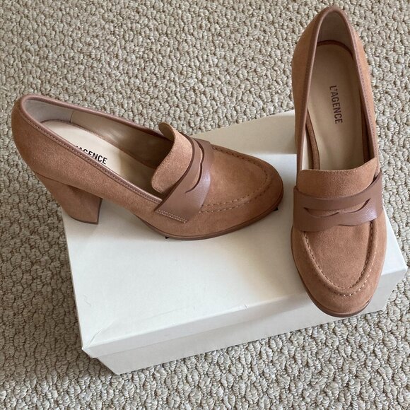 L'AGENCE Blanche Heeled Sand Suede Loafer - Picture 12 of 13